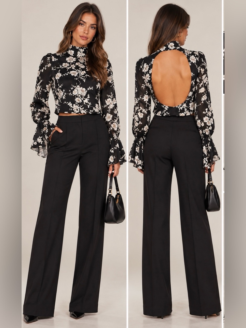 Free People Boho Aries Black Floral XS Altered Cropped Blouse Bell Sleeve Top